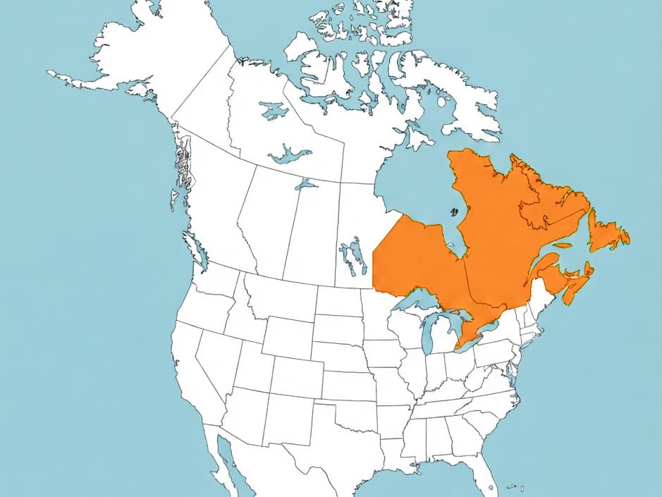Map of North America with Quebec, Ontario and the Maritimes highlighted